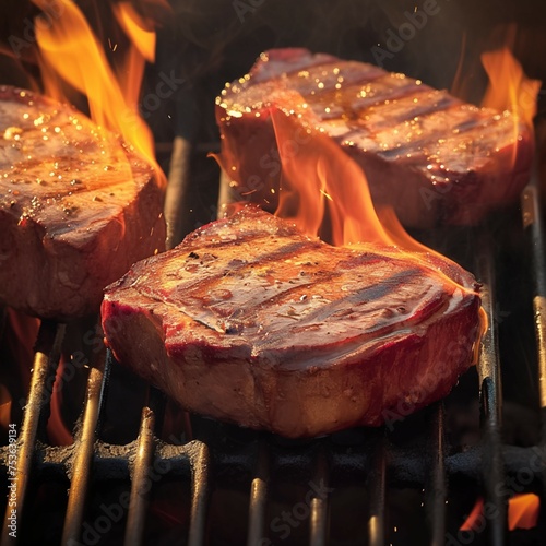 Grill perfection Beef steaks ablaze, capturing the essence of barbecue For Social Media Post Size photo