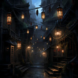 A mysterious alleyway with hanging lanterns.