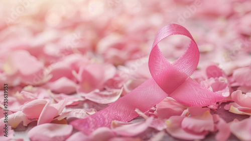 Pink ribbon on pink petals. Pink ribbon symbolizes breast cancer awareness. The image conveys a message of love and support for those affected by breast cancer
