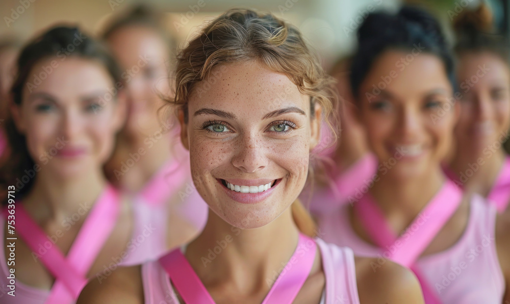 A group of women wearing pink shirts and ribbons around their necks. They are smiling and posing for a picture A group of women wearing pink shirts and ribbons around their necks. They are smiling and posing for a picture