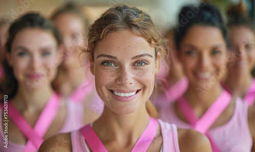 A group of women wearing pink shirts and ribbons around their necks. They are smiling and posing for a picture