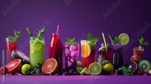 Embark on a visual journey with a sophisticated 8K HD image featuring a variety of plant-based beverages against a rich purple isolated background, capturing the healthful and colorful array.