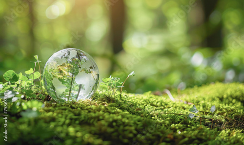 A clear globe is placed on a mossy green field. The globe is surrounded by plants and grass, creating a serene and peaceful atmosphere. Concept of harmony between nature and technology © Aiyawarin