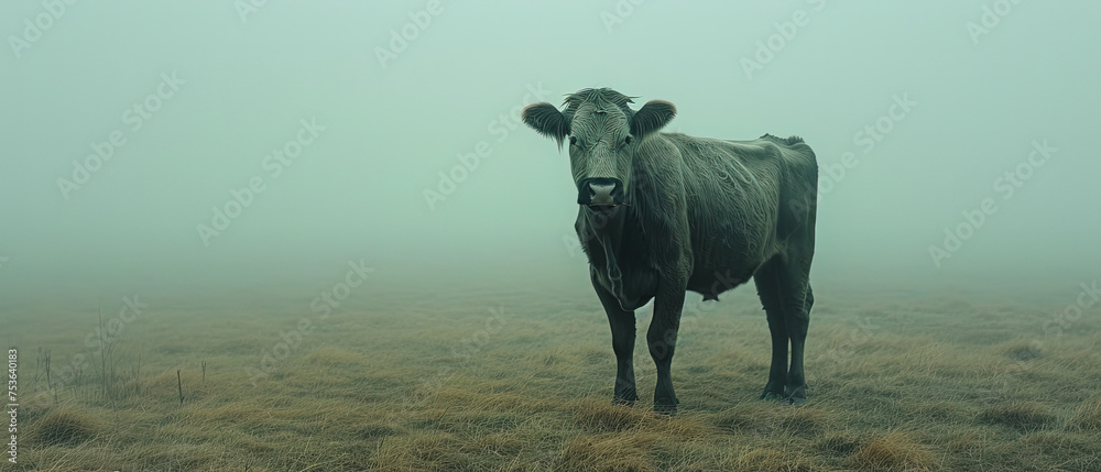 Obraz premium a cow standing in a field in the fog