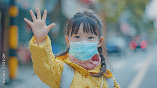 A young girl wearing a yellow jacket and a blue mask is waving to someone. The scene is set on a street with cars and a stop sign in the background