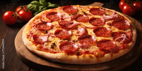 Pepperoni pizza on wooden table with toppings and empty space.