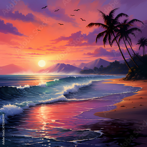 A serene beach sunset with vibrant colors.