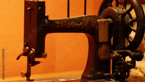 Vintage foot operated mechanical sewing machine from the late 19th century. Antique Seidel and Naumann Hand crank Transverse Shuttle Sewing machine. Istria, Croatia - November 25, 2023