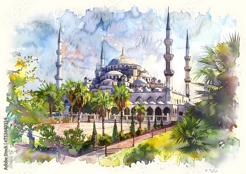 pictures of mosques and plants using watercolor art.