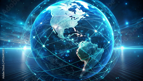 Digital world centered in the USA, concept of global network and communication on Earth, information exchange and international communication, data transfer and cyber technology