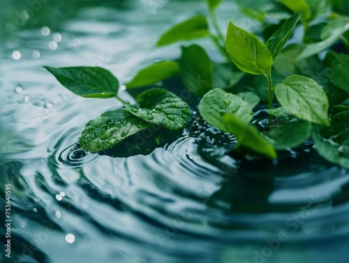 Close-up of lush green leaves and droplets creating ripples on the water's surface, conveying serenity and the essence of nature.