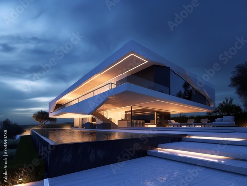 A modern minimalist futuristic house illuminated at night