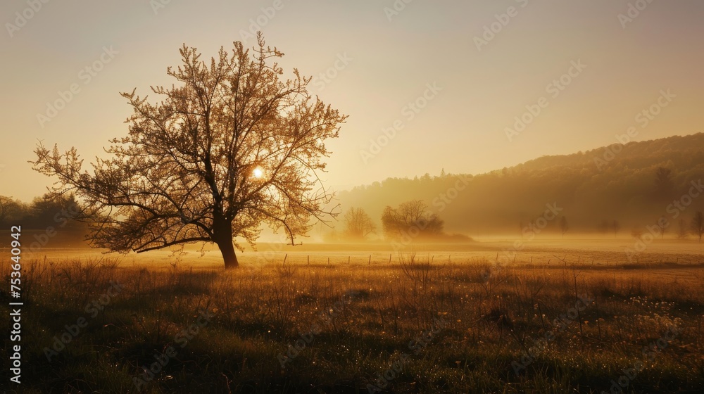 A lone tree stands in a field bathed in the warm glow of a misty sunrise, with the light casting a golden hue over the tranquil landscape.