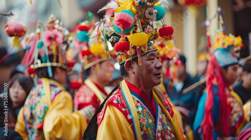 Man in ornate traditional costume with vibrant headdress participating in a cultural parade with blurred crowd background.