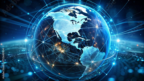 Digital world centered in the USA  concept of global network and communication on Earth  information exchange and international communication  data transfer and cyber technology