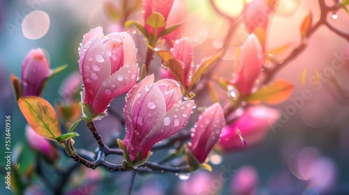Early morning light captures the delicate water droplets on the soft pink petals of magnolia buds in springtime.