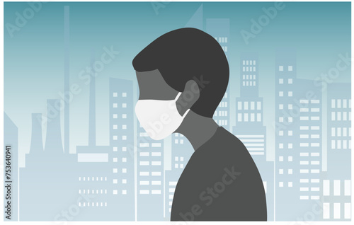 Man wearing face masks tor protect P.M. 2.5 smoke, dust and air pollution in city, factory pipes and industrial smog vector illustration. Environment and air pollution concept background
