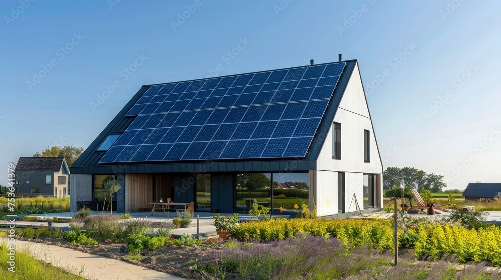 modern eco friendly house with a solar system. Solar panels on the on the roof. modern eco friendly house with a solar system. Solar panels on the on the roof.
