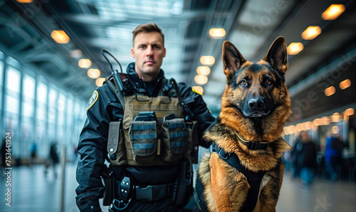 Confident police officer in uniform with a trained German Shepherd dog patrolling a busy airport terminal, ensuring public safety and security