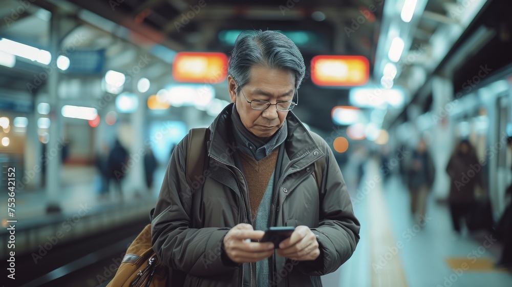 Man is using a phone at the train station
