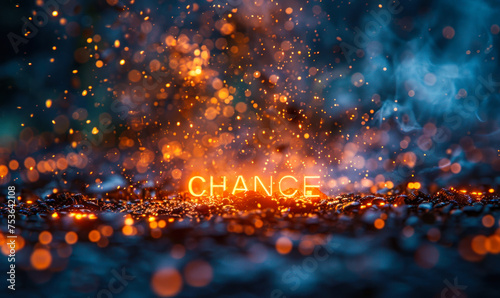 Golden CHANCE lettering amidst a sparkling explosion of fragments, symbolizing opportunity, luck, and the preciousness of fleeting moments photo