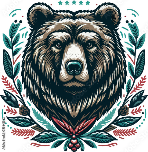 brown bear in the forest vector art illustration for t-shirt merch