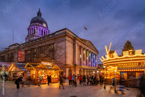 View of Council House (City Hall) and Christmas Market on Old Market Square at dusk, Nottingham, Nottinghamshire, England photo