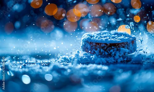 Dynamic close-up of a hockey puck in motion, surrounded by flying ice particles, capturing the intense action and chill of an ice hockey rink