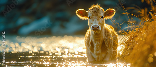 a cow standing in the water with a lot of water photo