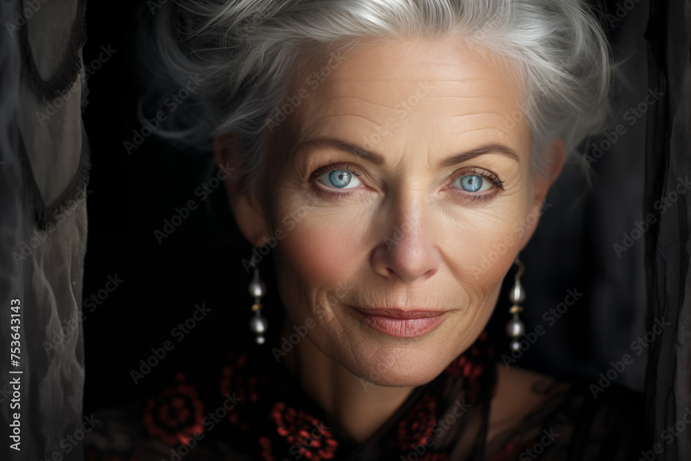 Studio portrait of a beautiful elderly woman of European appearance with gray hair and deep wrinkles, with a clear look and lively expressive eyes, on a black background