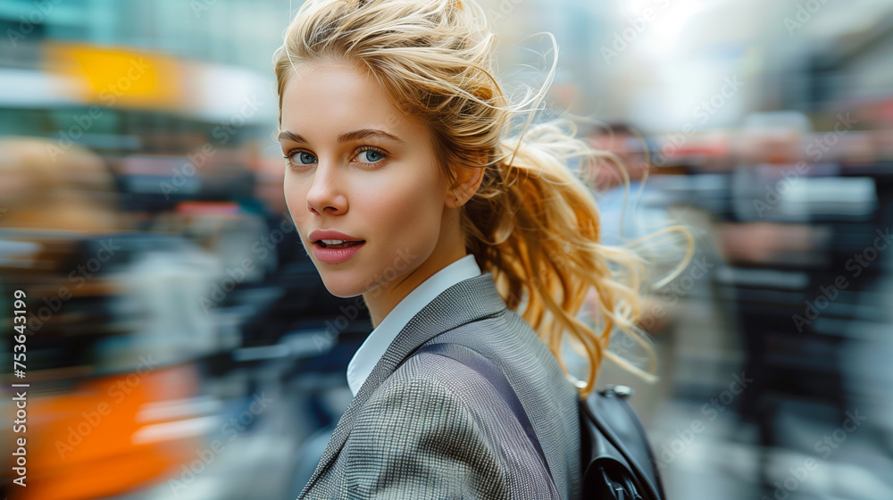 Confident businesswoman in hurry with business people blurred in background. Blonde businesswoman wearing suit and bag on shoulder.