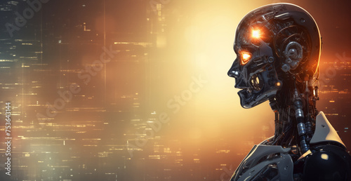 Ai robot on golden digital cityscape night background with copy space for text.