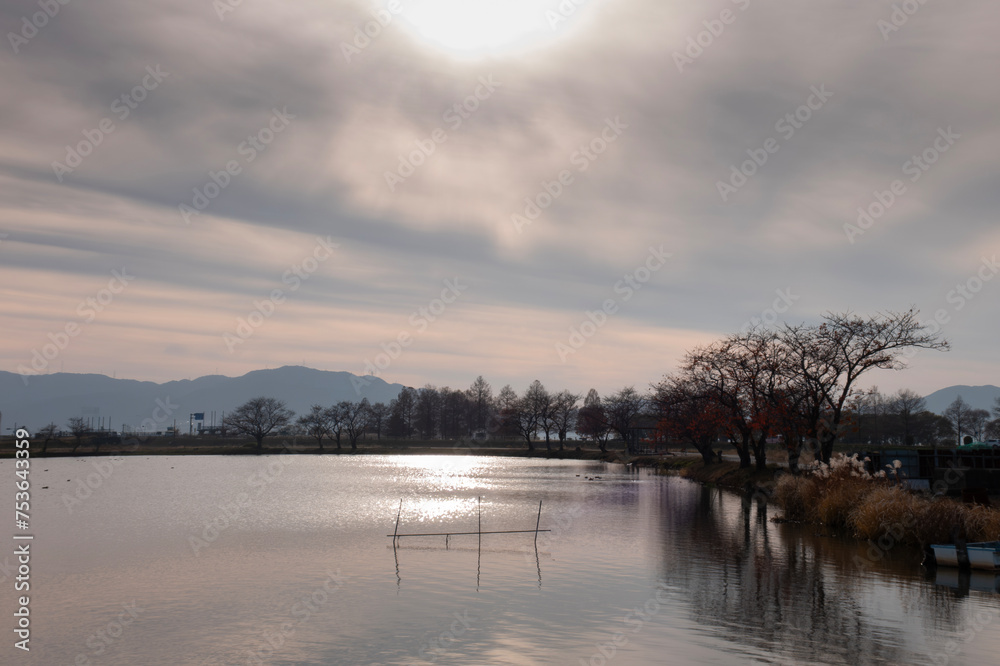 Fototapeta premium 湖の静かな夕暮れ 夕陽 滋賀県草津市平湖