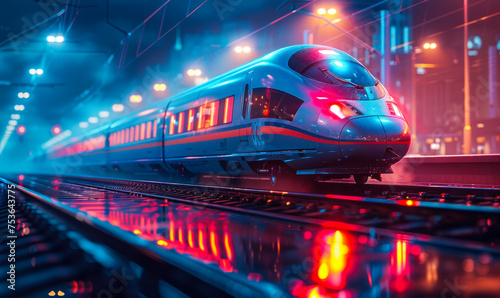 High-speed modern commuter train with motion blur effects in vibrant neon lights, depicting travel and transportation technology advancements