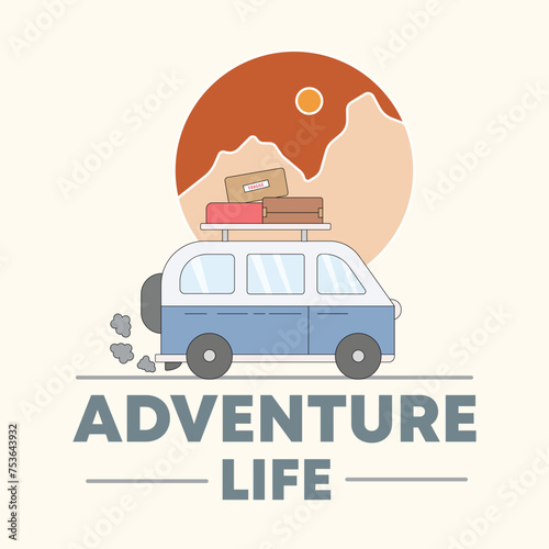 logo vector campervan road to the mountain simple concept retro vintage sticker and apparel illustration