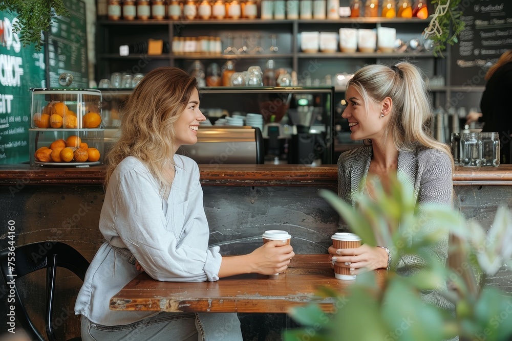 A pair of women share a light moment while sipping coffee in a well-lit, modern café with stylish décor