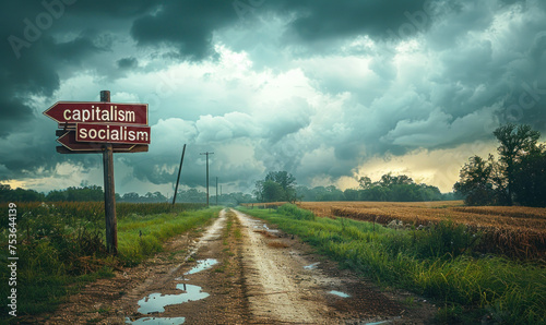 Directional signposts with capitalism and socialism against a cloudy sky, depicting a conceptual crossroads between two distinct economic systems photo