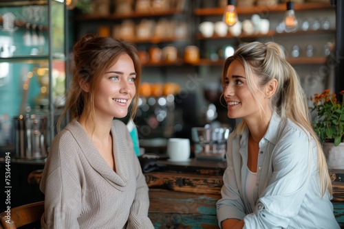 Two cheerful women enjoy a warm conversation amidst the rustic charm of a coffee shop interior