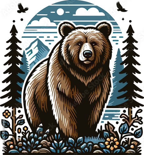 brown bear in the forest vector art illustration for t-shirt merch