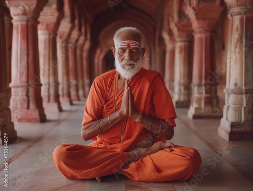 Elderly Indian sadhu in orange robes meditating peacefully in a temple corridor. photo