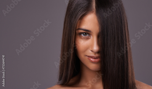 Woman, hair and portrait for salon, cut and style for heat and blow with keratin treatment and wash. Model with glossy and healthy for roots and tips with smooth and silk for volume or long on mockup photo