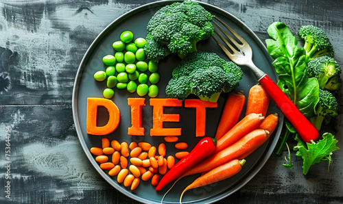 Healthy diet concept with DIET spelled out in vegetables on a plate with broccoli, carrots, and beans, symbolizing nutritious food choices photo