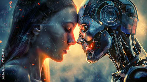 Illustration of human machine android artificial inteligence interaction and connection, cyborg human romance