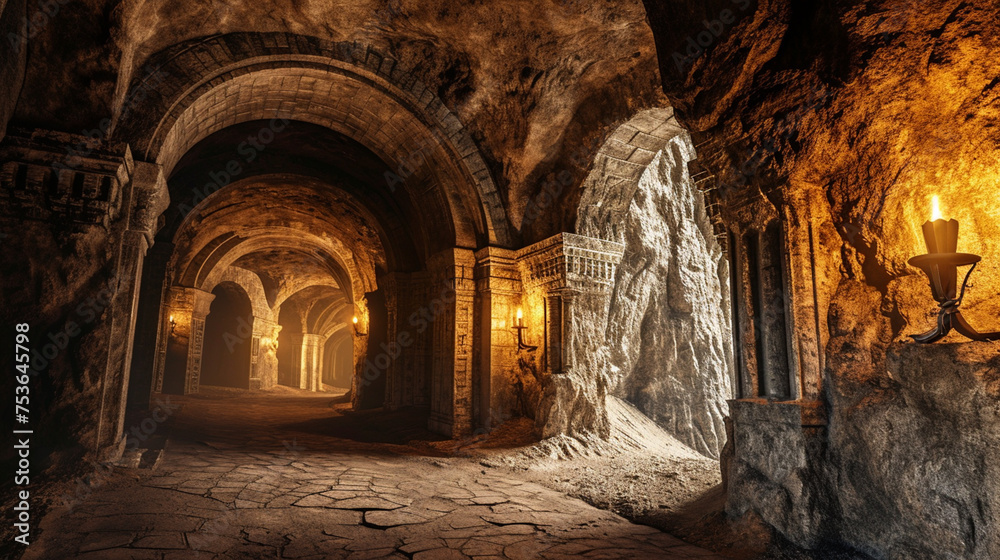 Scary endless medieval catacombs with torches. Mystical nightmare concept. Generative Ai