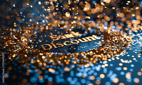 Elegant promotional discount signage with golden confetti on a deep blue background, embodying a festive sale atmosphere for luxury marketing campaigns