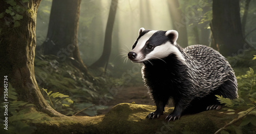 A badger in a natural forest setting. The badger has distinctive black and white fur and is walking on a path covered with dried leaves. Sunlight filters through the dense trees. © Tetyana Pavlovna