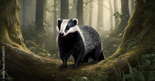 A badger in a natural forest setting. The badger has distinctive black and white fur and is walking on a path covered with dried leaves. Sunlight filters through the dense trees. © Tetyana Pavlovna