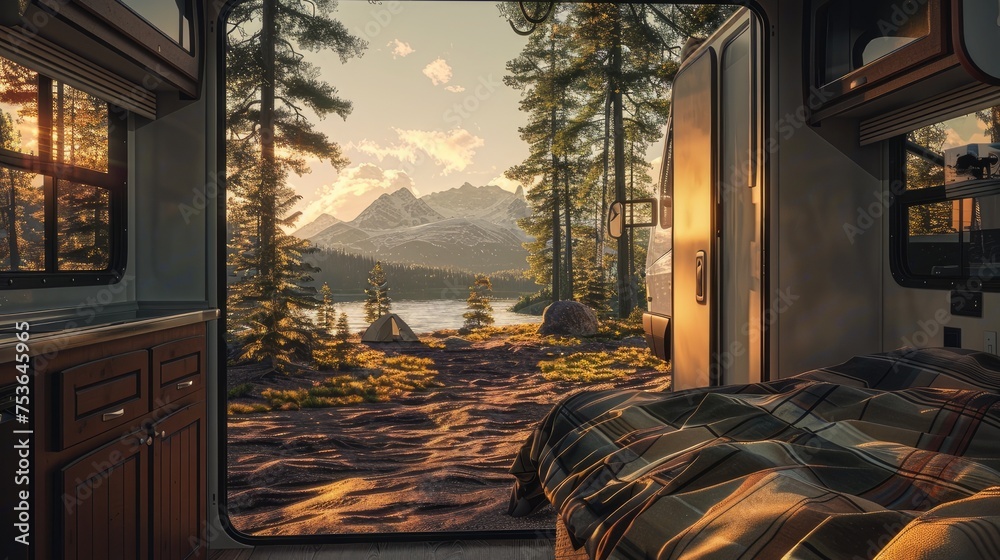 street views and open rear doors to convey the feel of an RV. Landscape and camping through the doors highlight the connection between comfort and outdoor adventure. street views and open rear doors to convey the feel of an RV. Landscape and camping through the doors highlight the connection between comfort and outdoor adventure.
