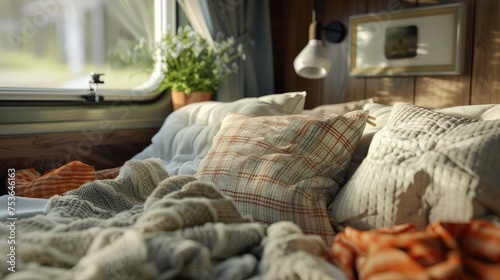 There are fluffy pillows on the bed and cozy linens in a caravan. Their texture and softness are highlighted, inviting viewers to imagine themselves enjoying sleeping in an RV.