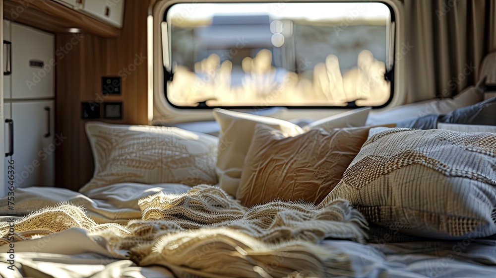 There are fluffy pillows on the bed and cozy linens in a caravan. Their texture and softness are highlighted, inviting viewers to imagine themselves enjoying sleeping in an RV. - obrazy, fototapety, plakaty 